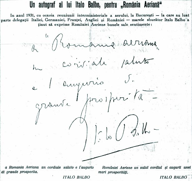 Autograf al lui Italo Balbo pentru "Romania Aeriana"
